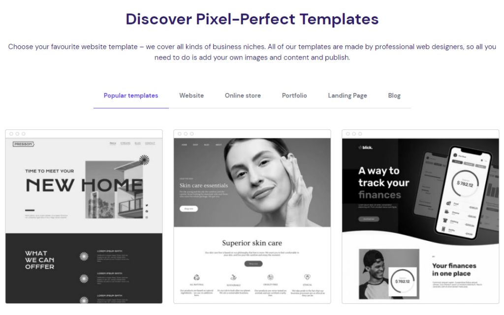 hostinger website builder has 100 Pre built Templates