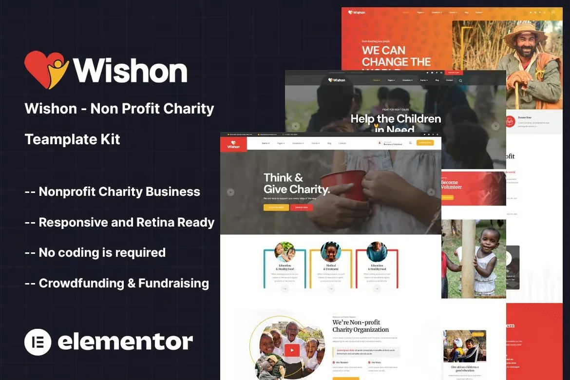 Wishon - Non Profit Charity Elementor Template Kit best nonprofit charity website template download Elementor kit