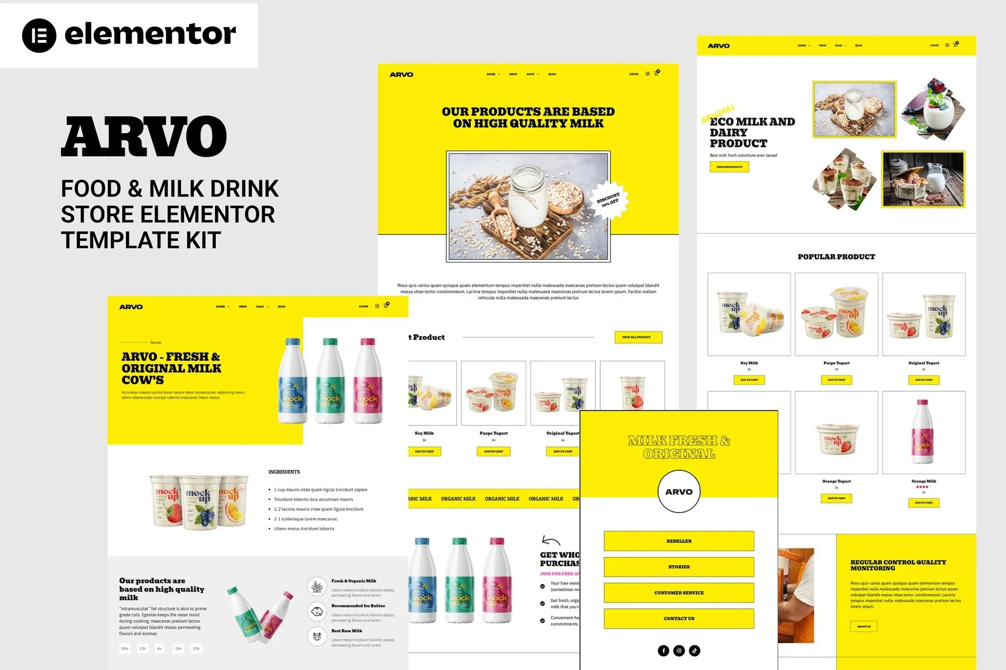 Arvo - Food & Milk Drink Store Elementor Template Kit best charity nonprofit Elementor template instant download