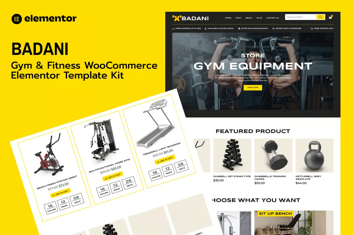 Badani - Gym Fitness Equipment Shop & Store WooCommerce Elementor Pro Template Kit Badani - Gym Fitness Equipment Shop & Store WooCommerce Elementor Pro Template Kit - Image 1