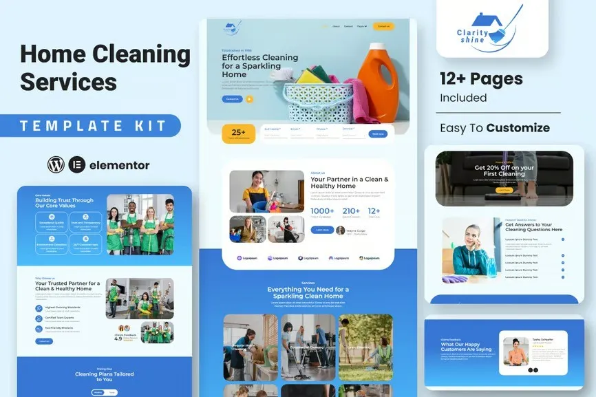 ClarityShine - Cleaning Service Company Elementor Template Kit best cleaning service Elementor template for instant download
