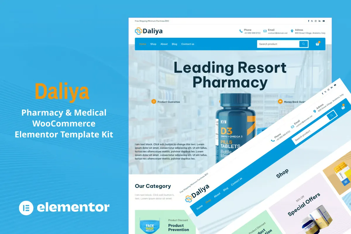 Daliya - Pharmacy & Medical Store WooCommerce Elementor Pro Template Kit best pharmacy Elementor template kit instant download