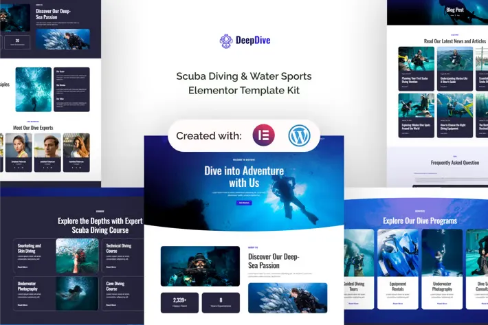 Deepdive - Scuba Diving & Water Sports Elementor Template Kit best scuba diving Elementor template instant download