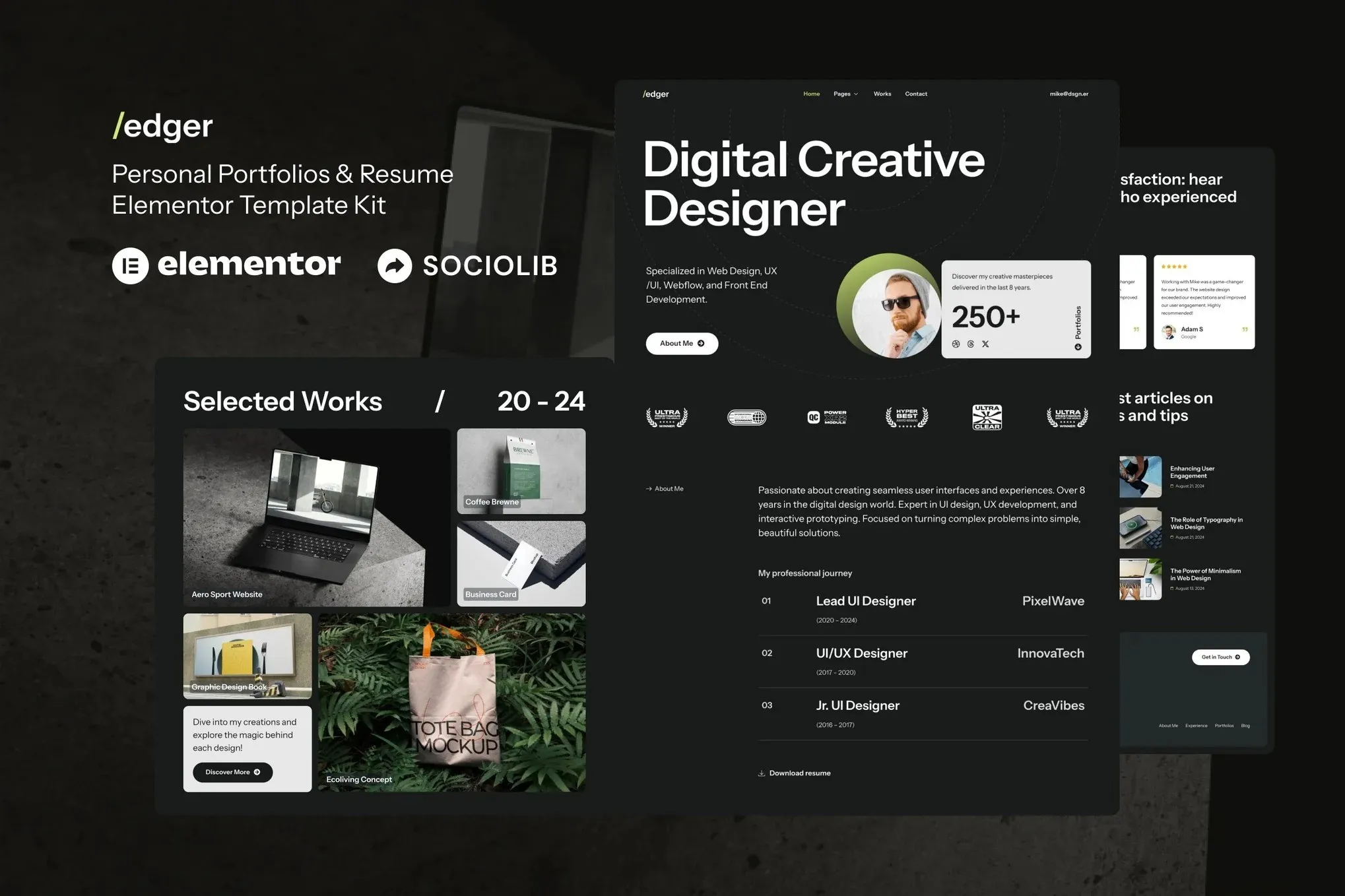 Edger - Personal Portfolios & Resume Elementor Template Kit best Edger Elementor portfolio template instant download
