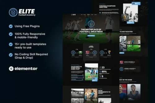 Football academy website template for Elementor with sports design elements