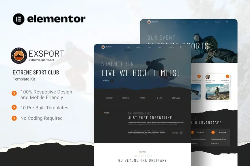 Exsport - Extreme Sport Club Elementor Template Kit best extreme sport Elementor template kit download