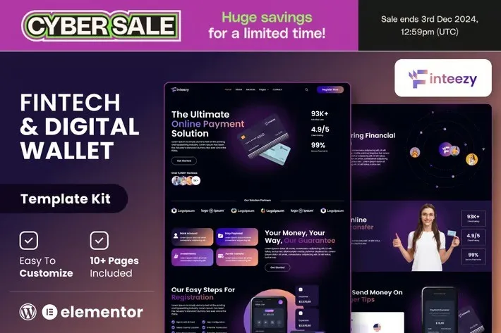 Finteezy - Fintech Startup & Digital Wallet Elementor Template Kit best fintech Elementor template for digital wallet websites instant download