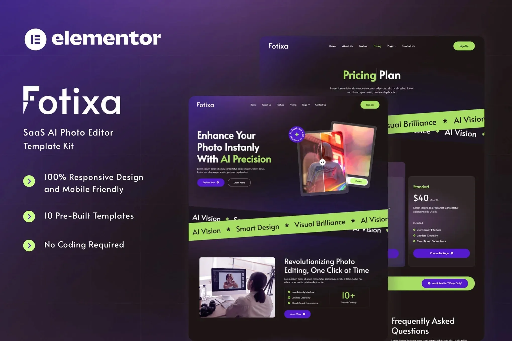 Fotixa - SaaS AI Photo App Website Elementor Template Kit best AI photo app Elementor template instant download