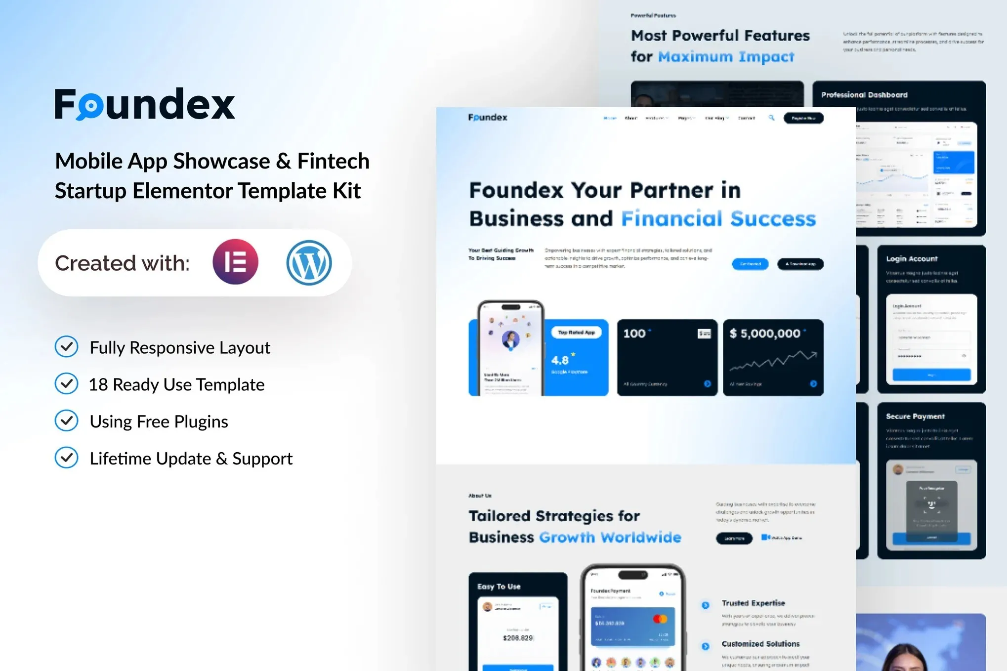 Foundex - Mobile App Showcase & Fintech Startup Elementor Template Kit best Foundex Elementor template instant download