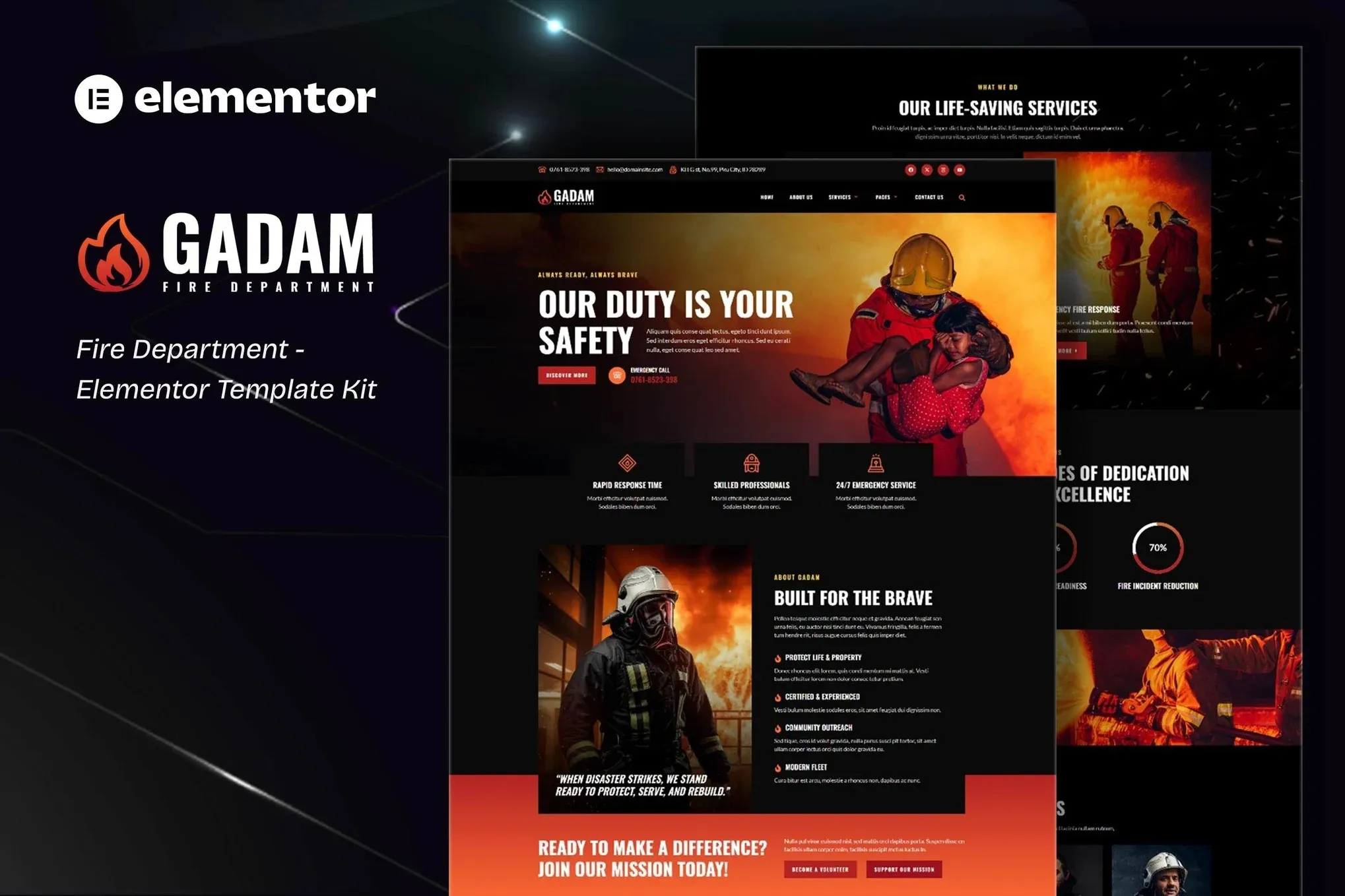 Gadam - Fire Department Elementor Template Kit best fire department website template elementor kit download