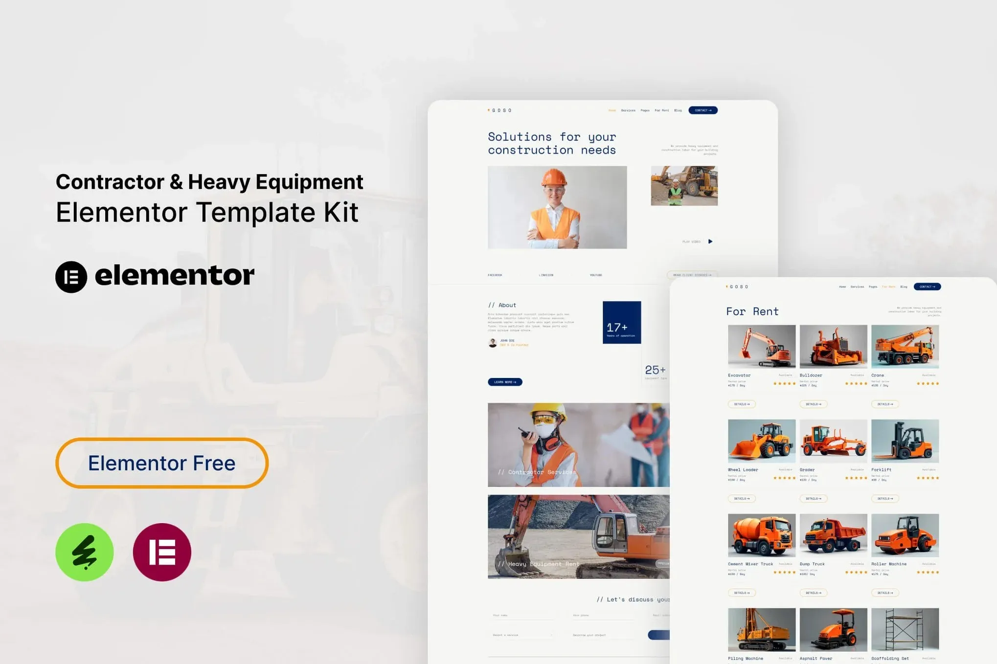 Goso - Contractor & Heavy Equipment Elementor Template Kit Goso contractor and heavy equipment website template for Elementor