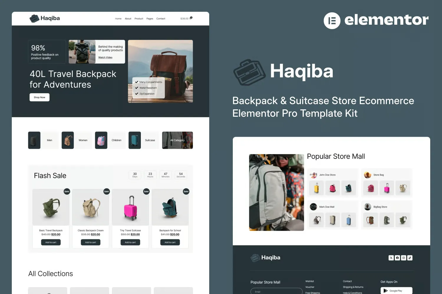 Haqiba - Backpack & Suitcase Store Ecommerce Elementor Pro Template Kit best Haqiba Elementor ecommerce template instant download