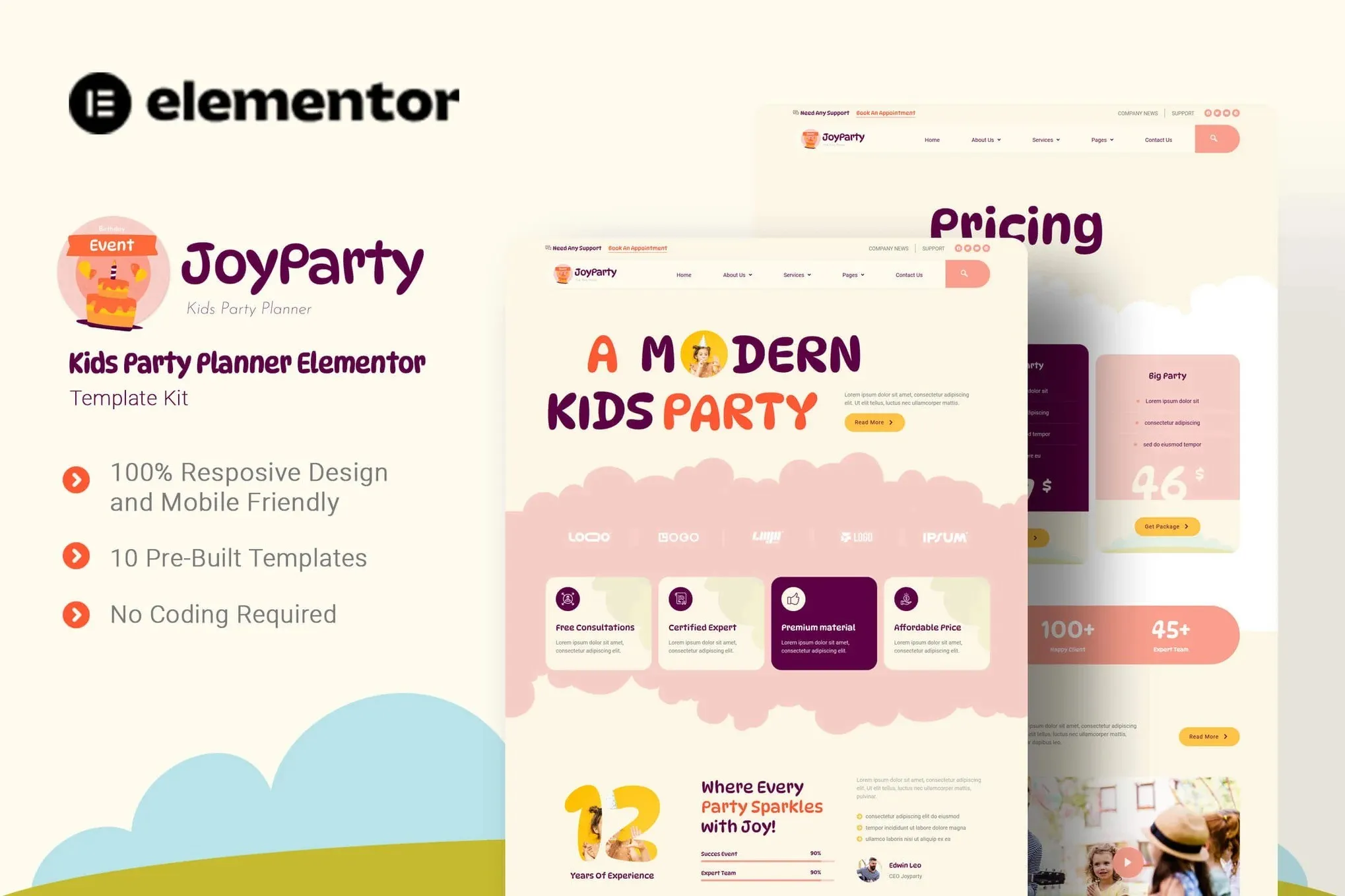 JoyParty - Kids Party Planner Elementor Template Kit best kids party planner website template instant download
