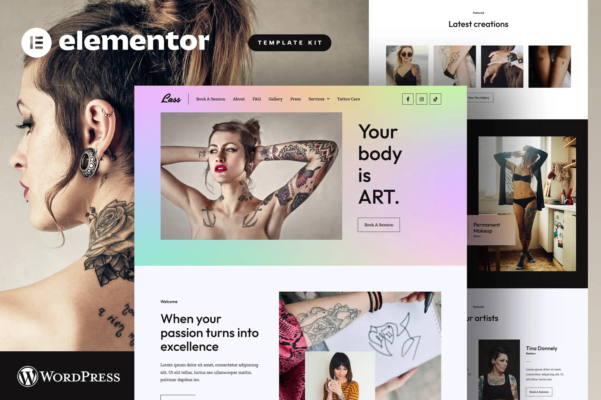Lass - Tattoo Artist & Piercing Studio Elementor Template Kit best tattoo studio Elementor template kit instant download