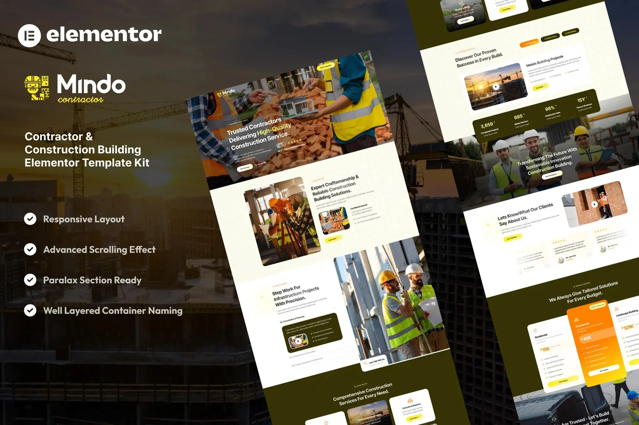 Mindo - Contractor & Construction Building Elementor Template Kit best construction website template for Elementor instant download
