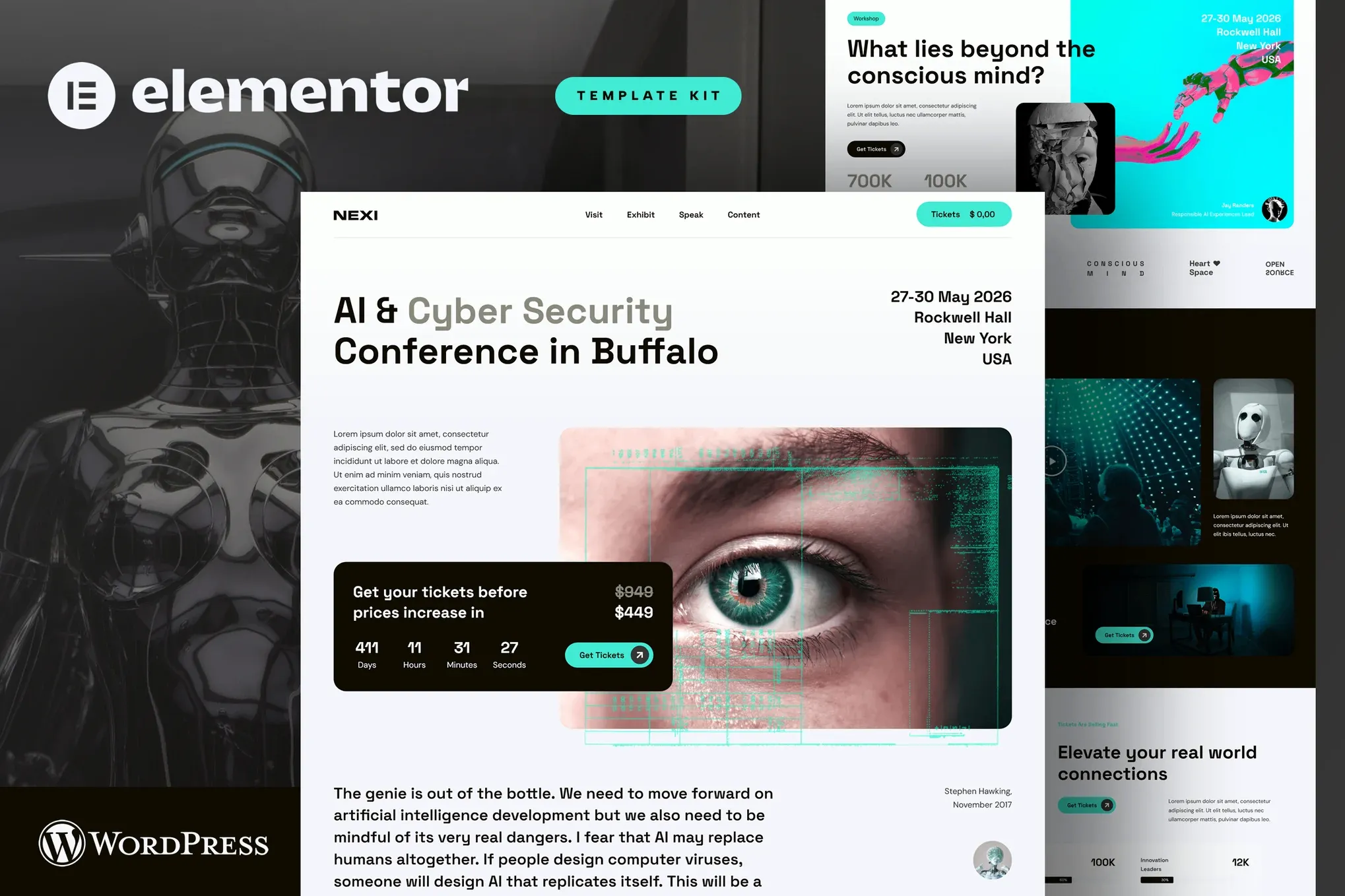 Nexi - AI & Cyber Security Event Conference Elementor Pro Template Kit best AI cybersecurity event template kit download instantly