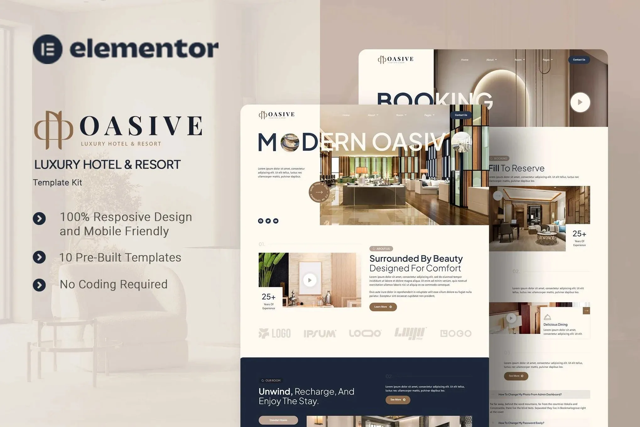Oasive - Luxury Hotel & Resort Elementor Template Kit Premium luxury hotel Elementor template for WordPress download