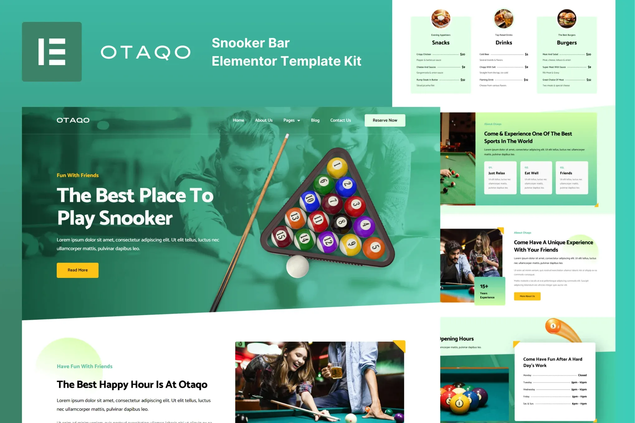 Otaqo - Snooker & Pool Bar Elementor Pro Template Kit snooker pool bar elementor template kit preview