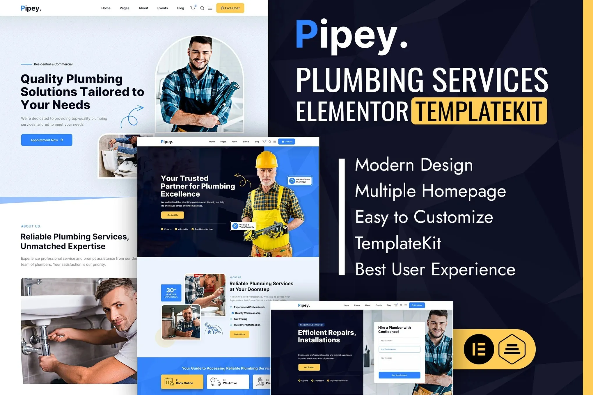 Pipey - Plumber Services Elementor Template Kit best plumber website template instant download