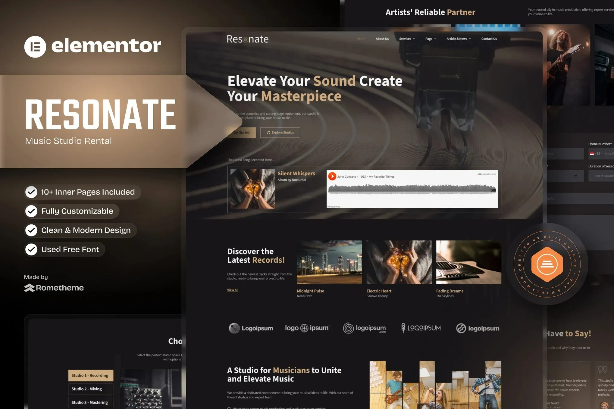 Resonate - Music Studio Production Elementor Template Kit best music studio Elementor template kit download
