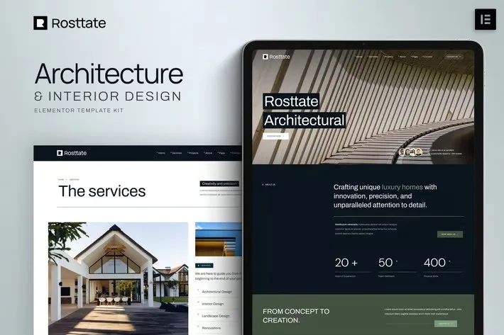 Rosttate - Architecture & Interior Design Elementor Template Kit Best Rosttate architecture Elementor template kit download
