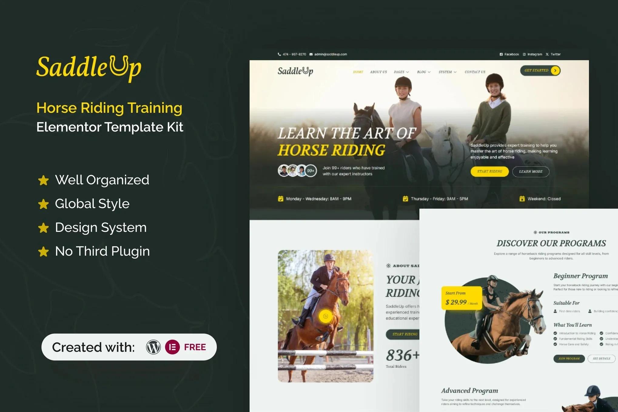 SaddleUp - Horse Riding Training Elementor Template Kit best SaddleUp horse riding website template download