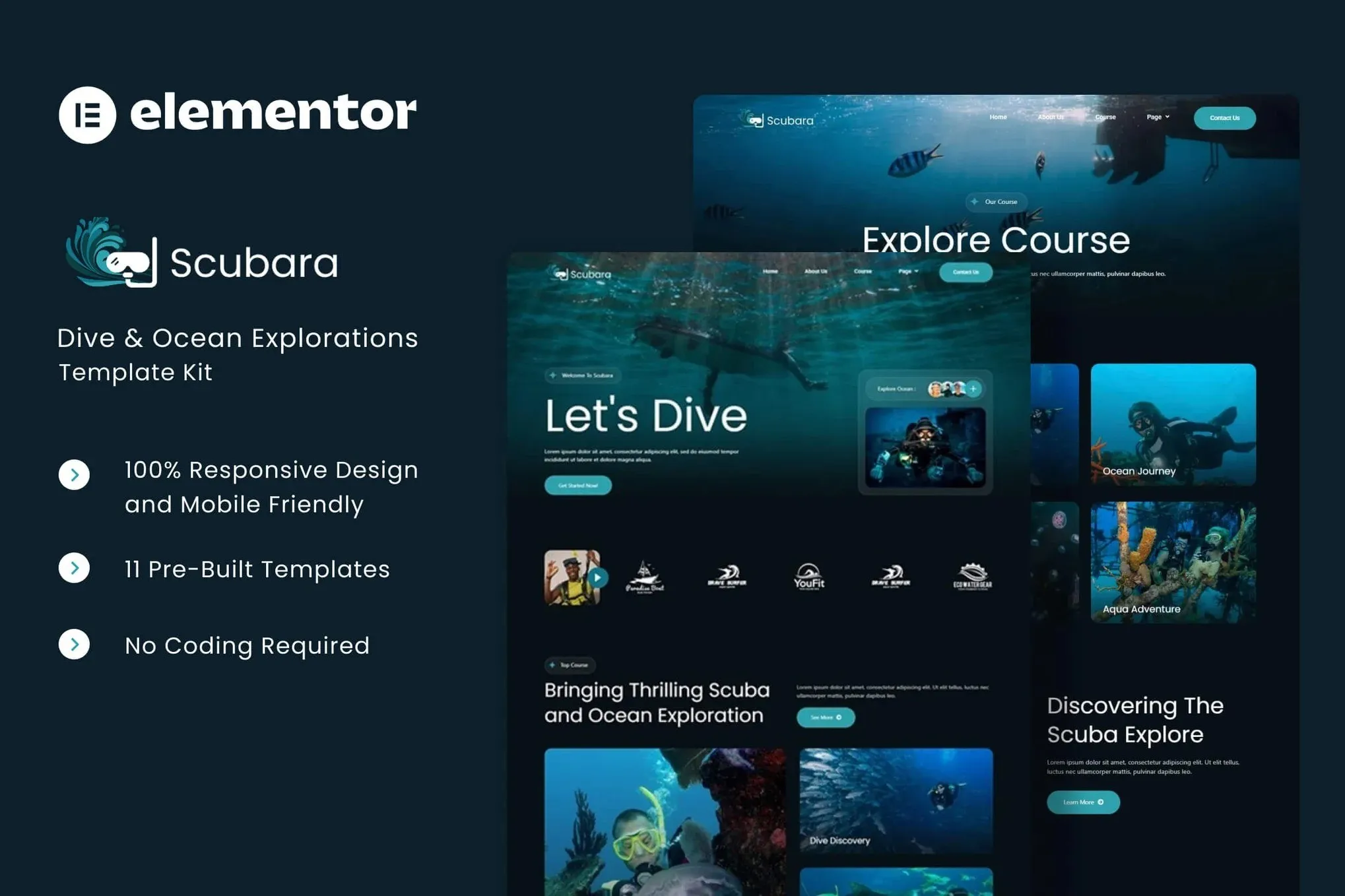 Scubara - Dive & Ocean Explorations Elementor Template Kit Scubara diving school website template with ocean theme