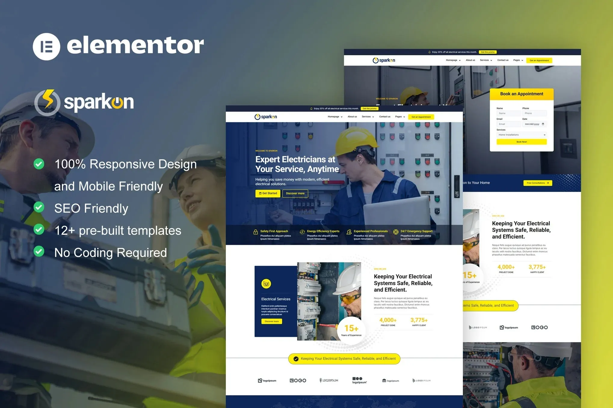 Sparkon - Electrical Installation & Maintenance Service Elementor Pro Template Kit best electrical service Elementor template download
