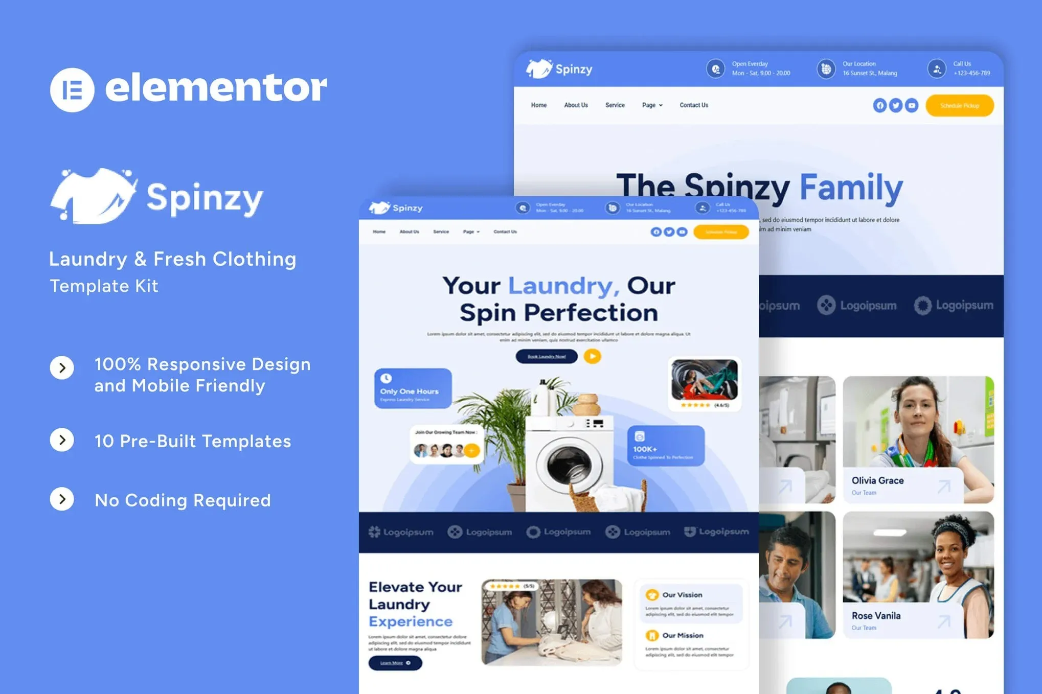 Spinzy - Laundry & Fresh Clothing Elementor Template Kit best Spinzy laundry website template instant download