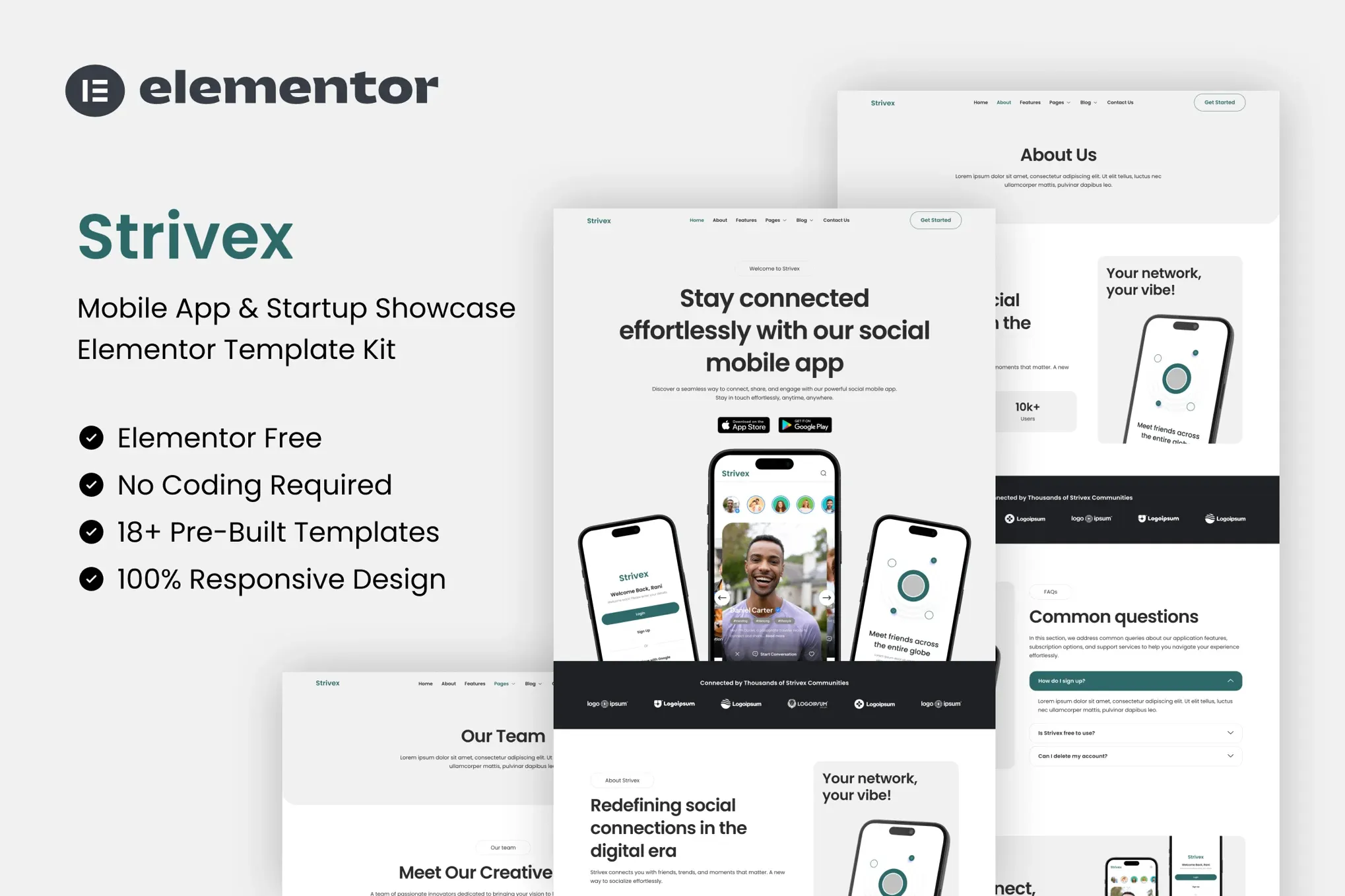 Strivex - Mobile App & Startup Showcase Elementor Template Kit best Strivex app landing page Elementor template download