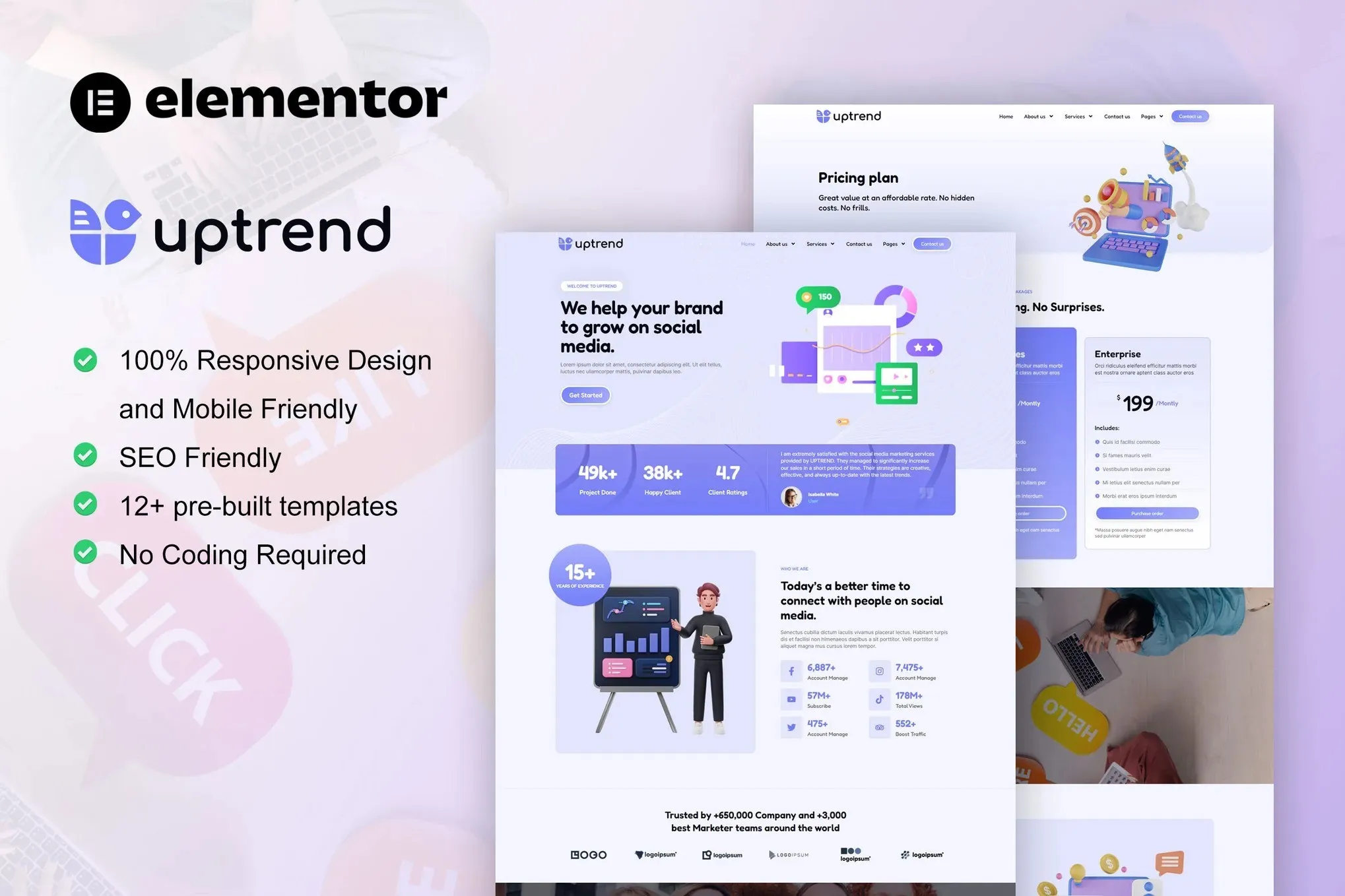 UpTrend - Social Media Marketing Agency Elementor Template Kit best UpTrend Elementor template kit agency website download