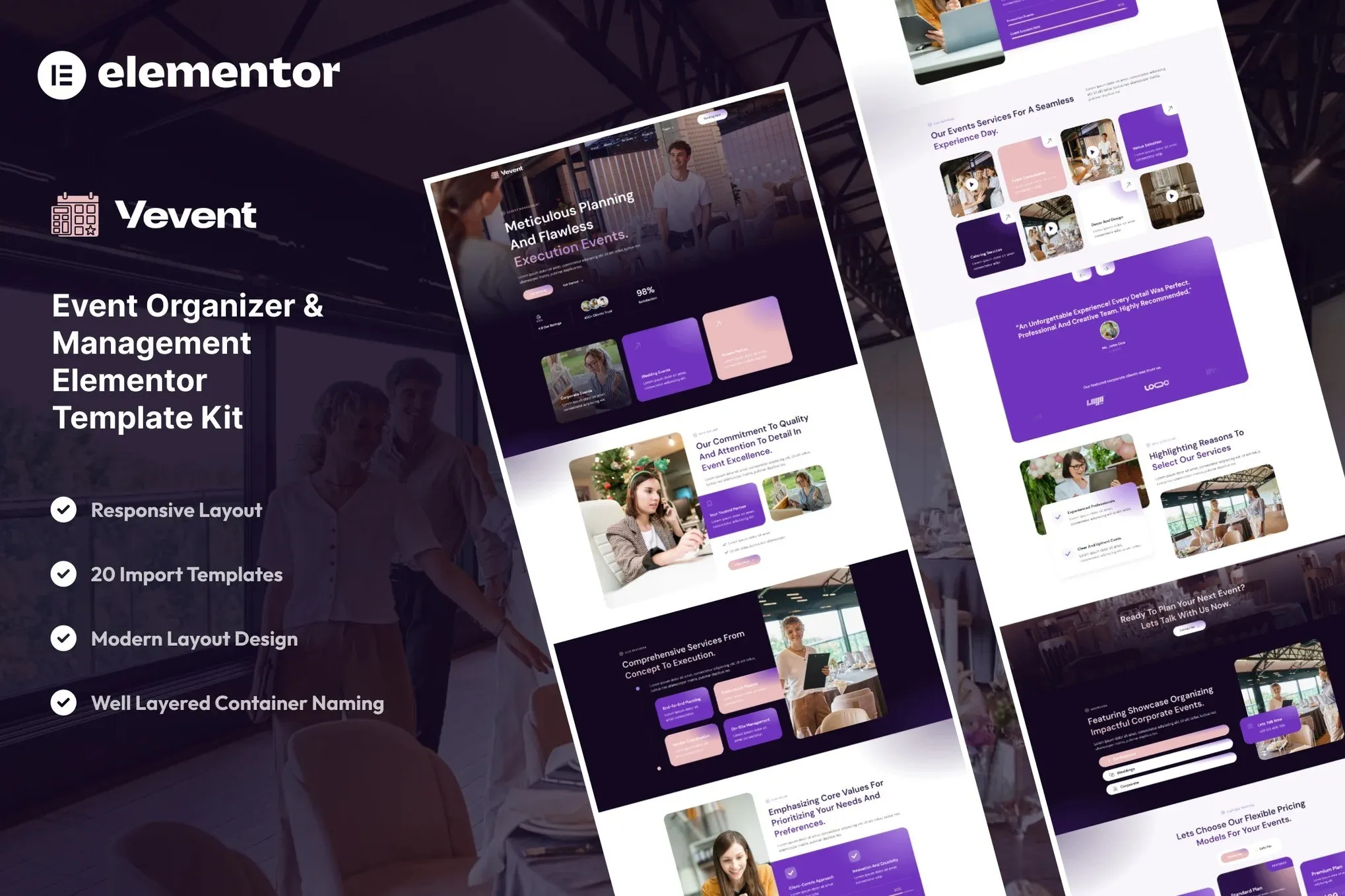 Vevent - Event Planner & Organizer Elementor Template Kit best event planner Elementor template kit instant download