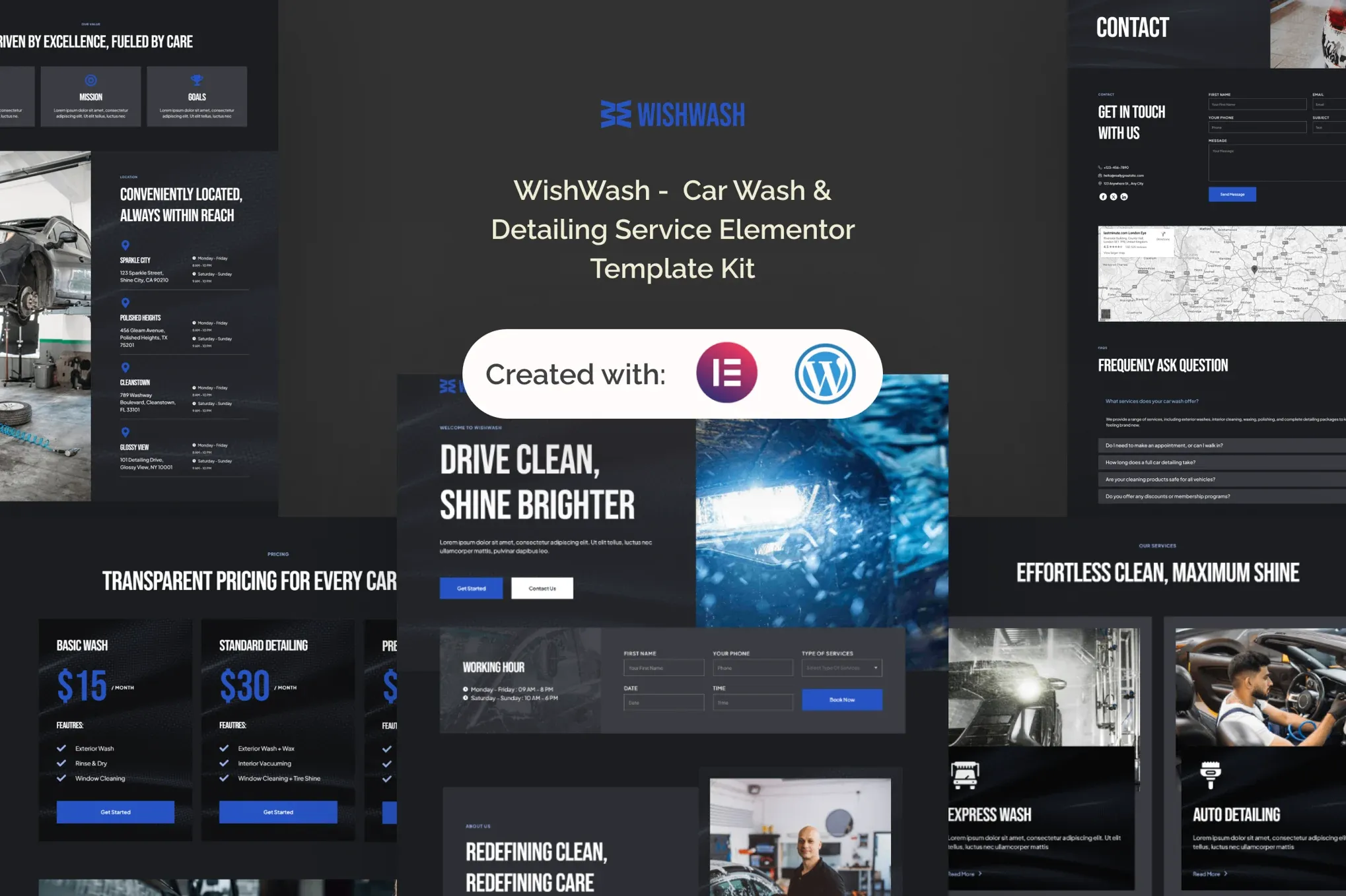 WishWash - Car Wash & Detailing Service Elementor Template Kit best car wash Elementor template kit instant download