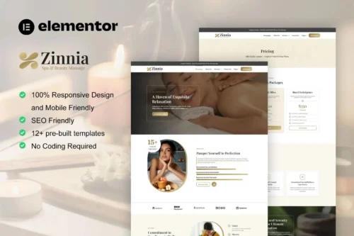 best Zinnia spa Elementor template kit instant download