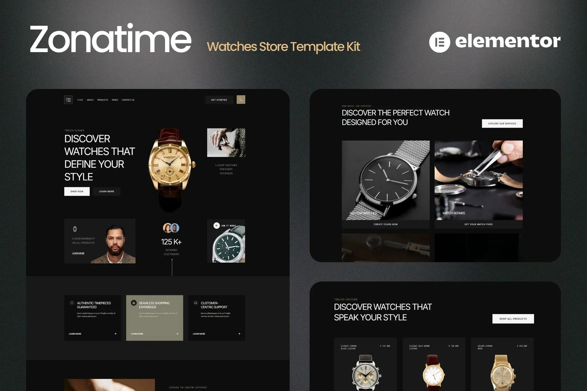Zonatime - Dark Theme Watch Store Elementor Template Kit best dark theme watch store Elementor template download