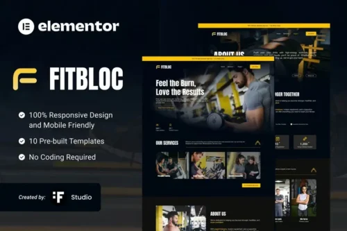Fitbloc Elementor template kit for fitness websites with gym layouts and trainer profiles