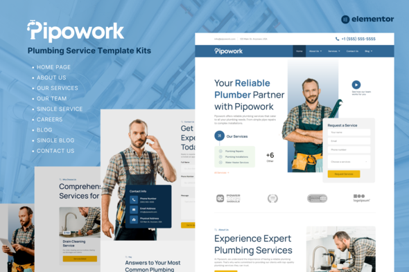 Pipowork - Plumbing Service Business Elementor Template Kits best plumbing business Elementor template kit download