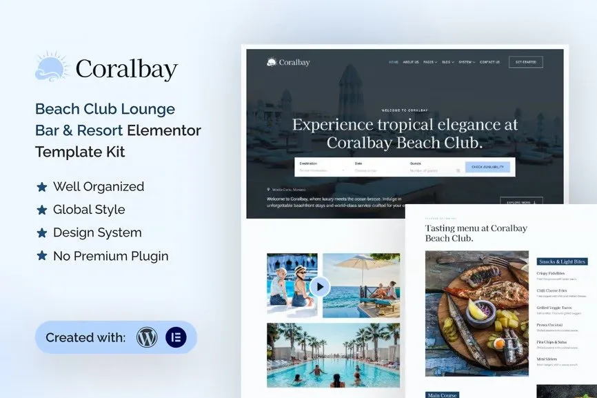 Coralbay - Beach Club Lounge Bar & Resort Elementor Template Kit best Coralbay Elementor template instant download
