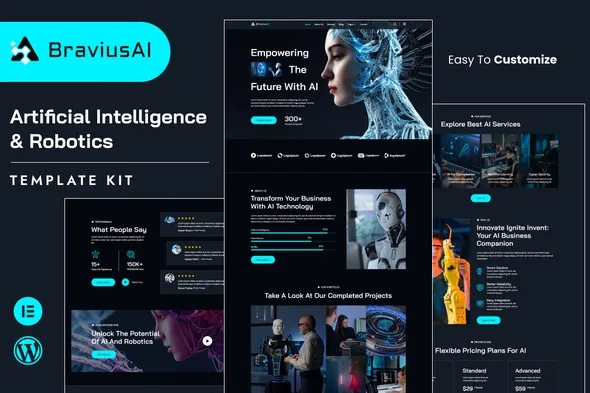 BraviusAI – AI & Robotics Elementor Template Kit best AI robotics Elementor template kit for tech startups
