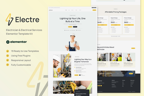 Electre - Electrician & Electrical Services Elementor Template Kit best electrician Elementor template kit instant download
