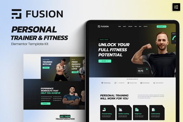 Fusion - Personal Trainer & Fitness Elementor Template Kit best personal trainer elementor template kit instant download