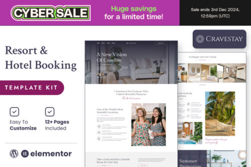 best luxury hotel Elementor template instant download