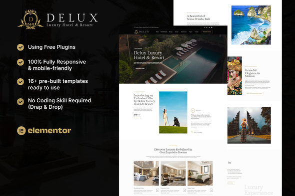 Delux - Luxury Hotel & Resort Elementor Template Kit best luxury hotel Elementor template instant download