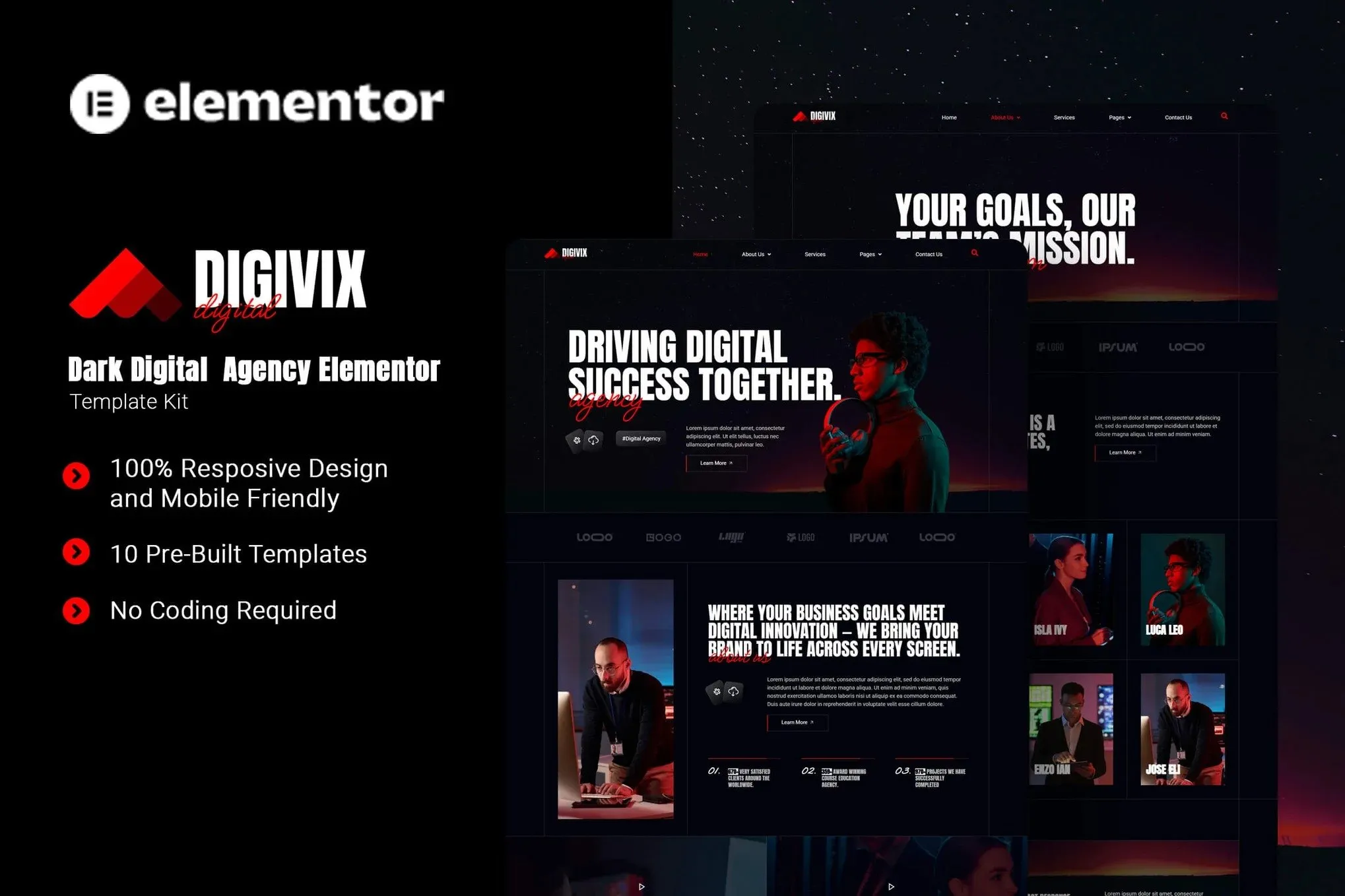 Digivix - Dark Digital Agency Elementor Template Kit best dark digital agency Elementor template instant download