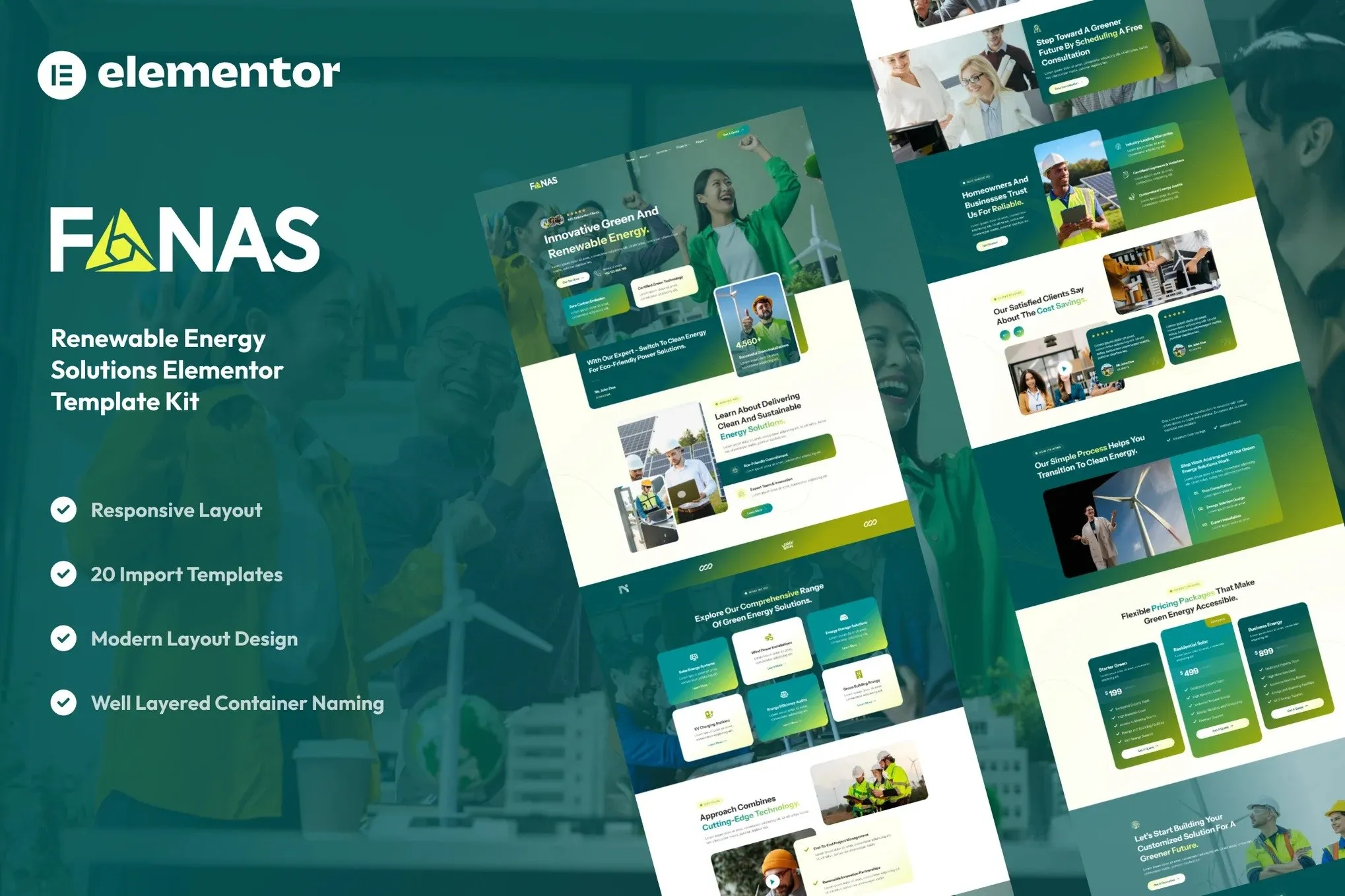 Fanas - Solar & Green Renewable Energy Solutions Elementor Template Kit best solar energy website template instant download
