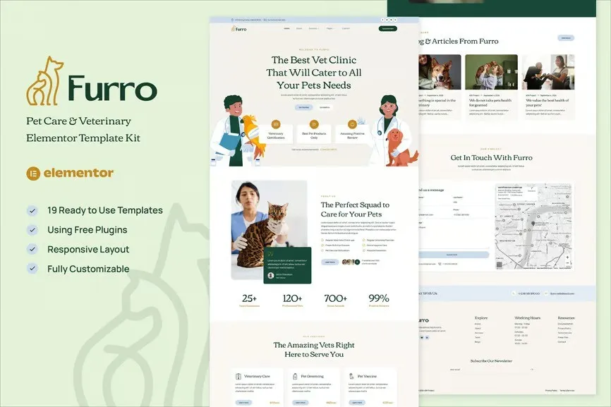 Furro - Pet Care & Veterinary Elementor Template Kit best Furro pet care veterinary template download