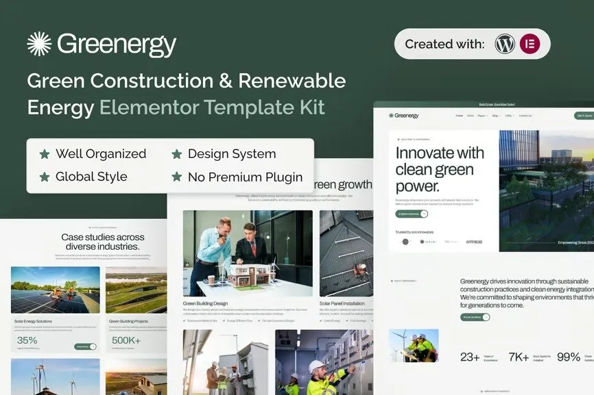 Greenergy - Green Construction & Renewable Energy Elementor Template Kit best green construction Elementor template instant download