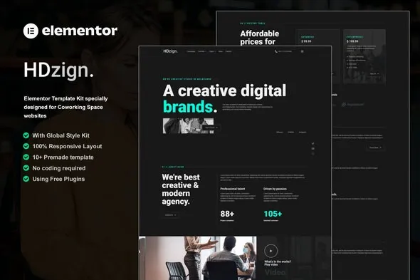 HDzign - Dark Digital Agency Elementor Template Kit best HDzign dark digital agency Elementor template download