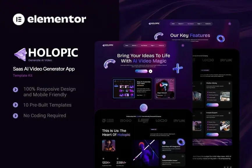 Holopic - Saas AI Generator App Elementor Template Kit best Holopic Elementor template kit for SaaS AI apps instant download