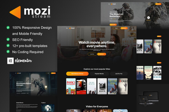 Mozi - Movie Streaming Service Elementor Template Kit best Mozi movie streaming Elementor template download